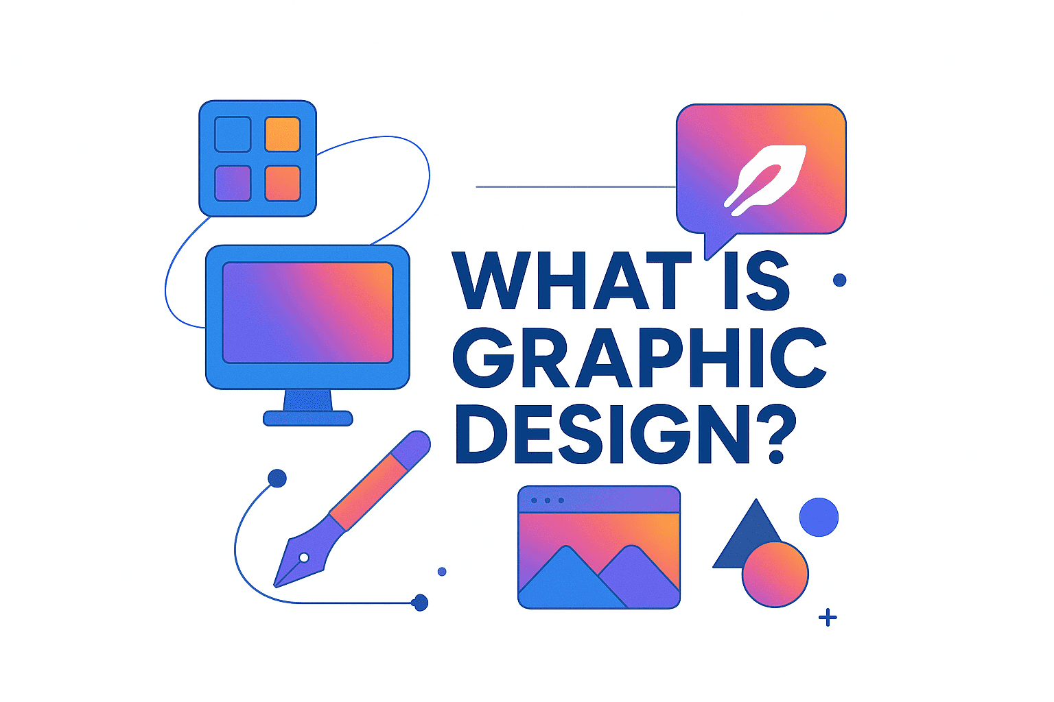 Graphic design services illustration with design tools and a computer screen.