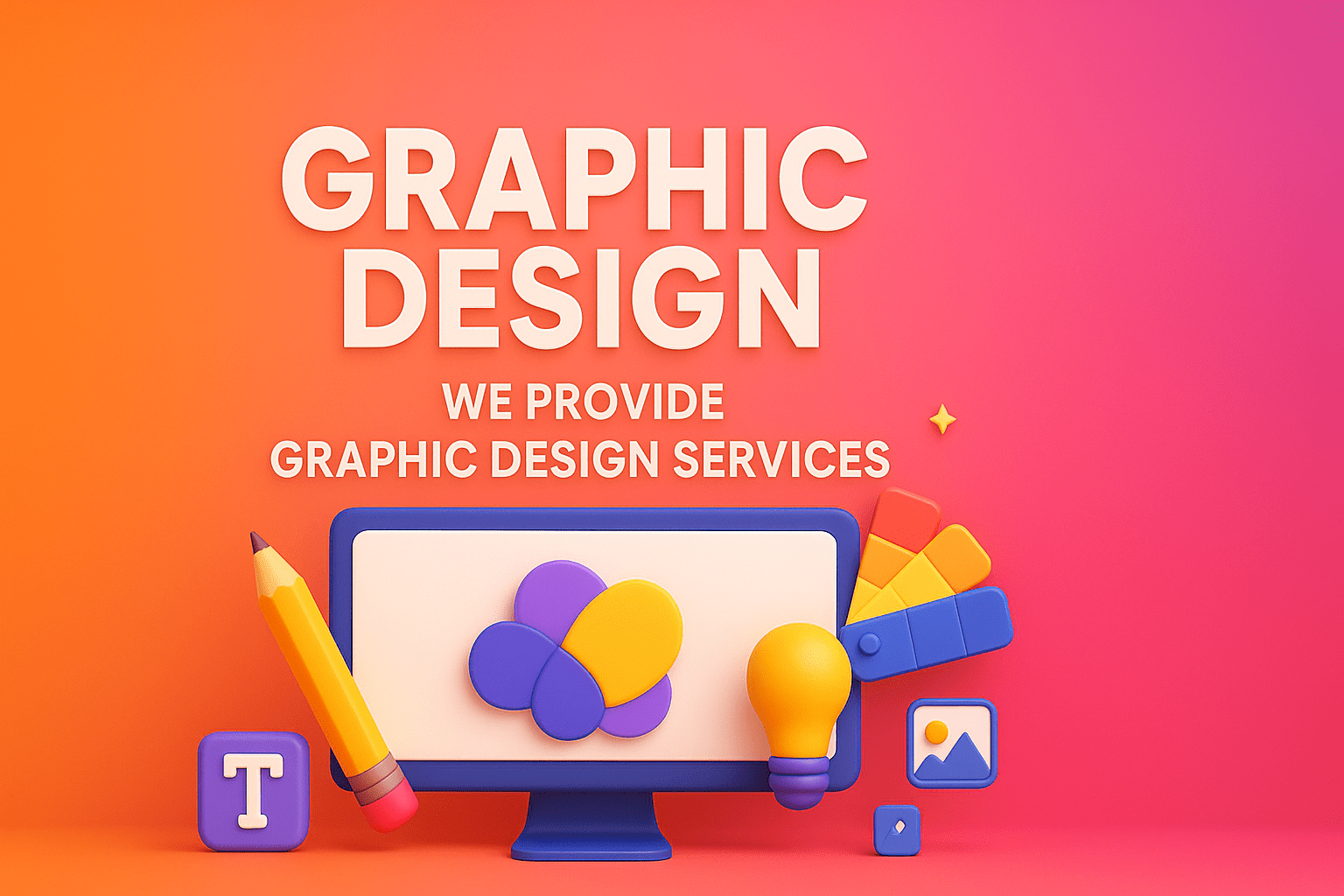 Colorful graphic design concept with a computer monitor, pencil, light bulb, and creative icons