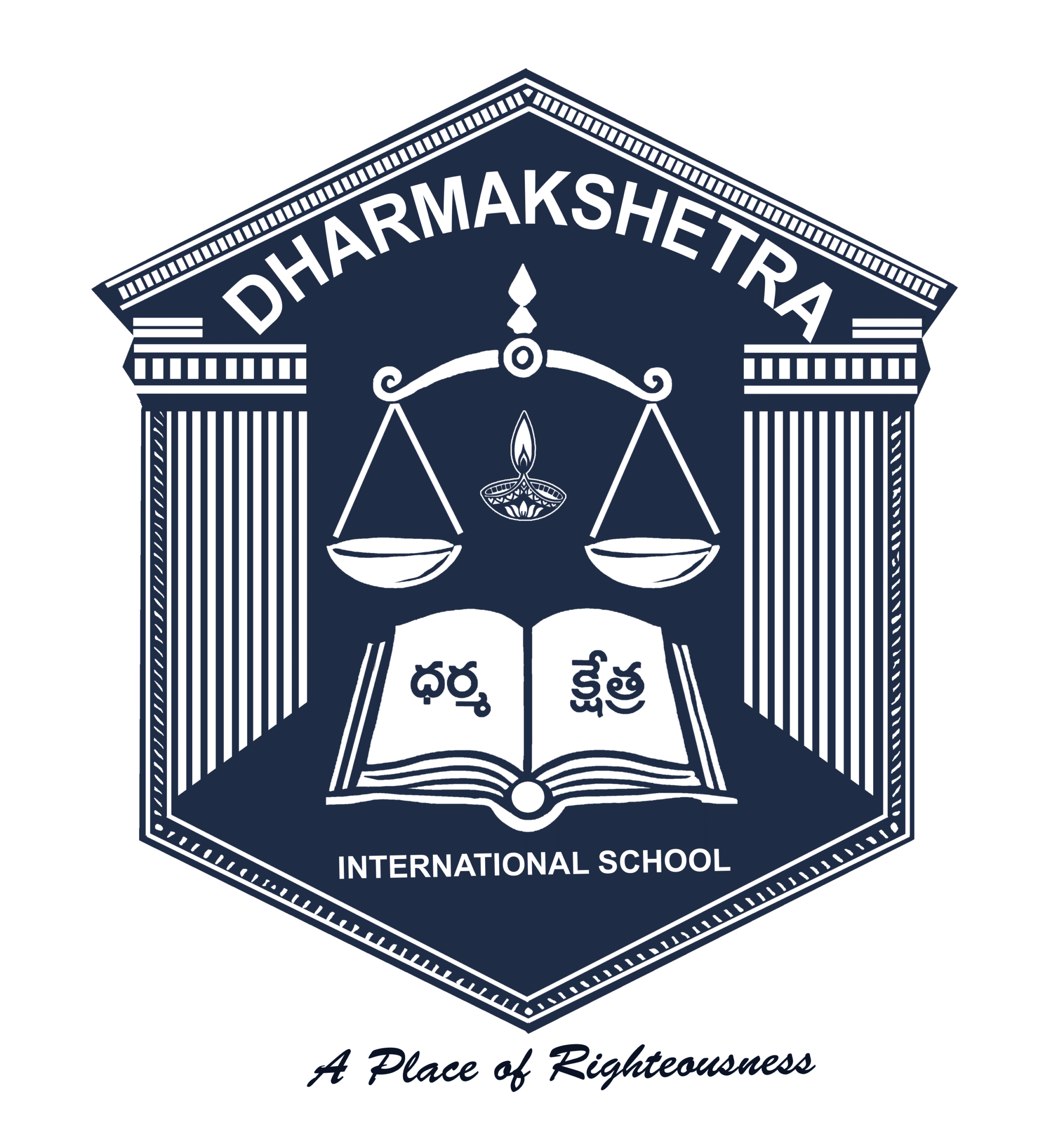 "Logo of Dharmakshetra International School featuring a balanced scale above an open book with Telugu text, a traditional lamp, and the tagline 'A Place of Righteousness'.