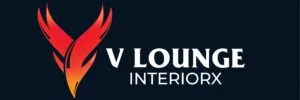 “V Lounge InteriorX logo with red flame emblem on dark background”