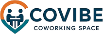 "Covibe coworking space logo with stylized people icon and company name."