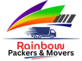 “Rainbow Packers and Movers company logo with colorful swoosh”