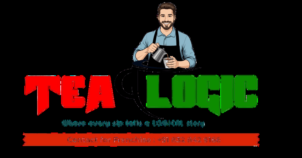 “Tea Logic tea café brand logo with contact details for franchise”